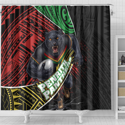 Penrith Panthers Rugby Shower Curtain Tribal Polynesian Power Art - Lightning Mascot