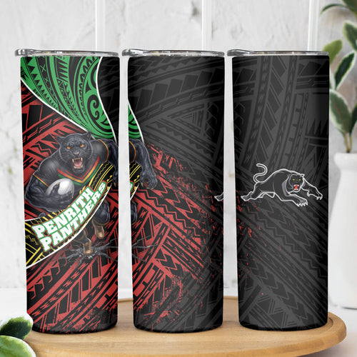 Penrith Panthers Rugby Skinny Tumbler Tribal Polynesian Power Art - Lightning Mascot