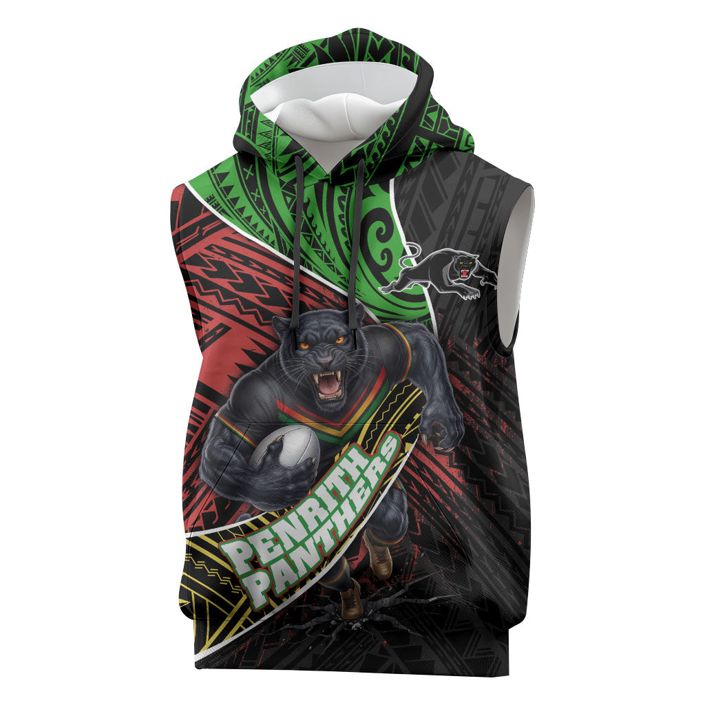 Penrith Panthers Rugby Sleeveless Hoodie Tribal Polynesian Power Art - Lightning Mascot