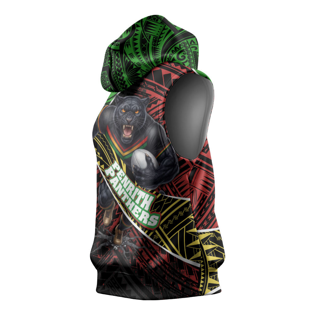 Penrith Panthers Rugby Sleeveless Hoodie Tribal Polynesian Power Art - Lightning Mascot