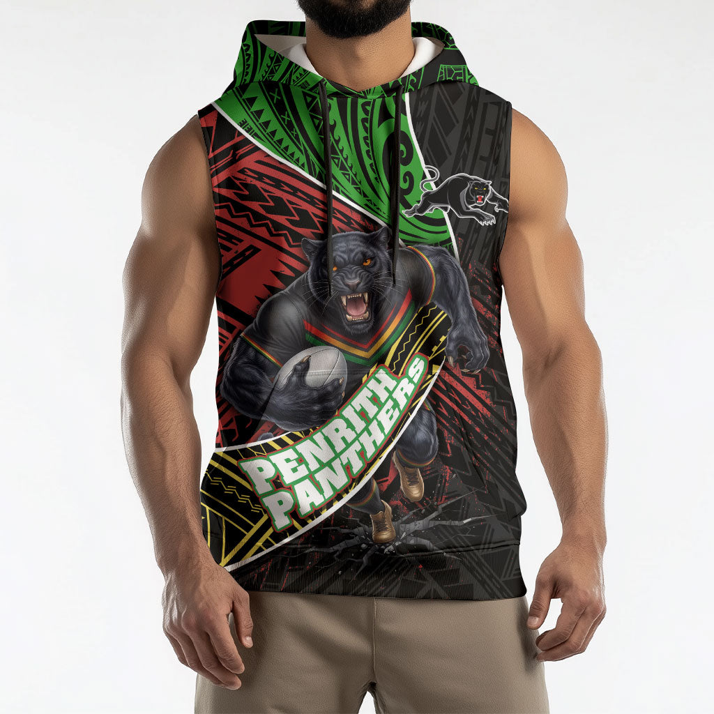 Penrith Panthers Rugby Sleeveless Hoodie Tribal Polynesian Power Art - Lightning Mascot