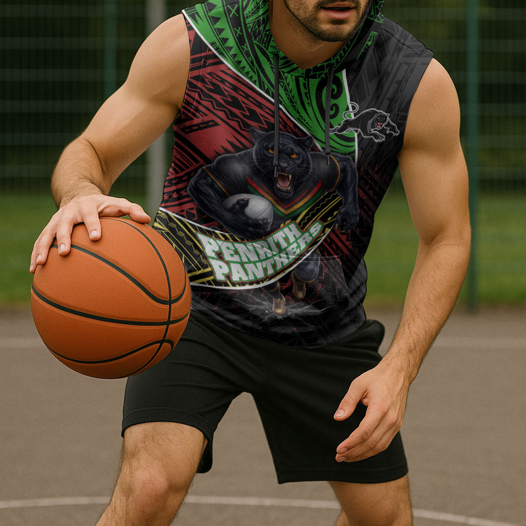 Penrith Panthers Rugby Sleeveless Hoodie Tribal Polynesian Power Art - Lightning Mascot