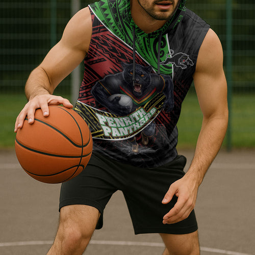 Penrith Panthers Rugby Sleeveless Hoodie Tribal Polynesian Power Art - Lightning Mascot