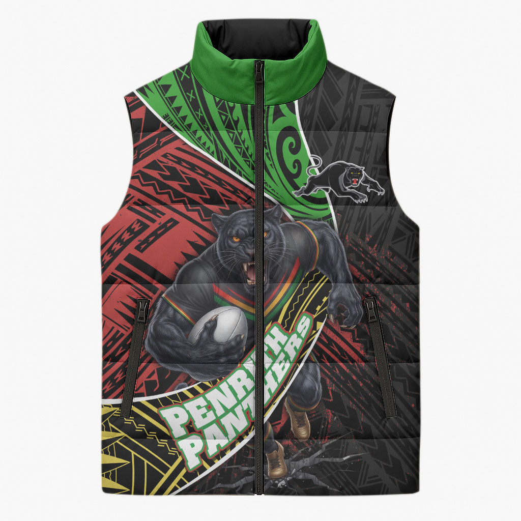 Penrith Panthers Rugby Sleeveless Puffer Jacket Tribal Polynesian Power Art - Lightning Mascot