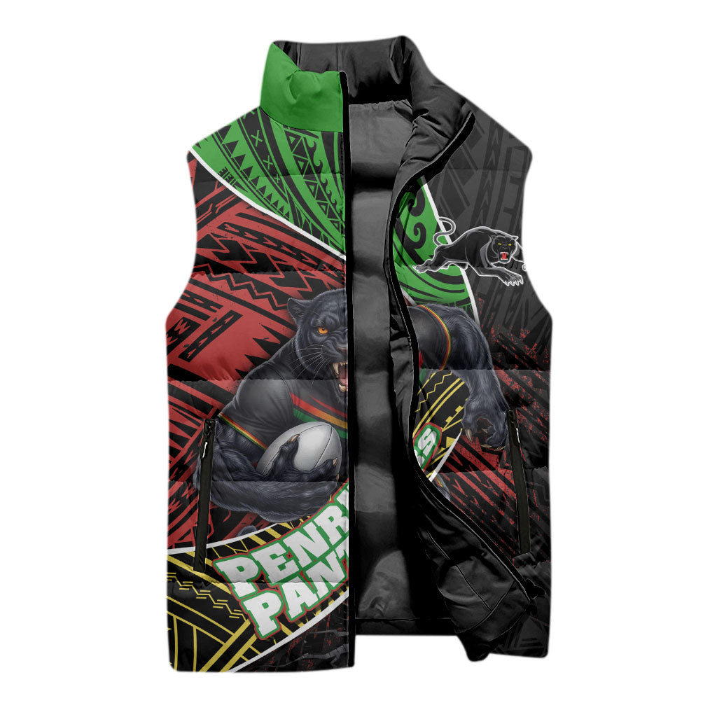 Penrith Panthers Rugby Sleeveless Puffer Jacket Tribal Polynesian Power Art - Lightning Mascot