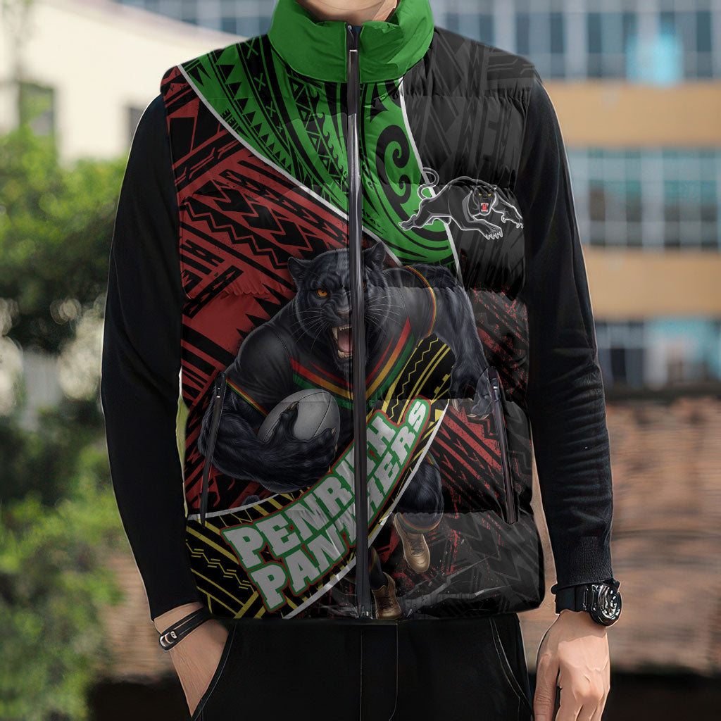 Penrith Panthers Rugby Sleeveless Puffer Jacket Tribal Polynesian Power Art - Lightning Mascot