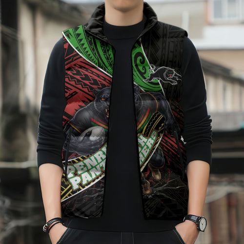 Penrith Panthers Rugby Sleeveless Puffer Jacket Tribal Polynesian Power Art - Lightning Mascot