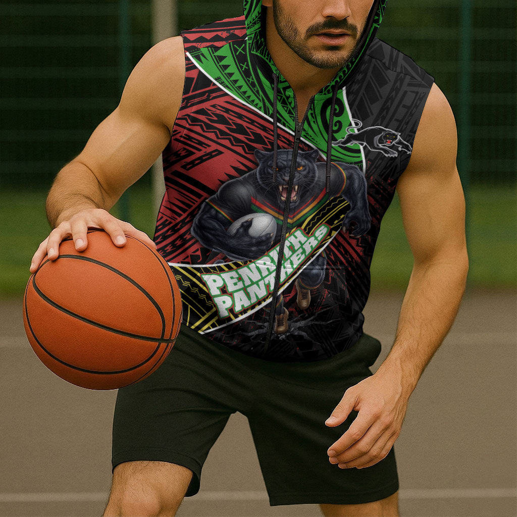 Penrith Panthers Rugby Sleeveless Zip Hoodie Tribal Polynesian Power Art - Lightning Mascot