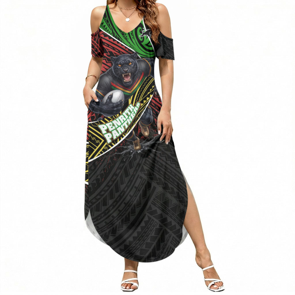 Penrith Panthers Rugby Summer Maxi Dress Tribal Polynesian Power Art - Lightning Mascot