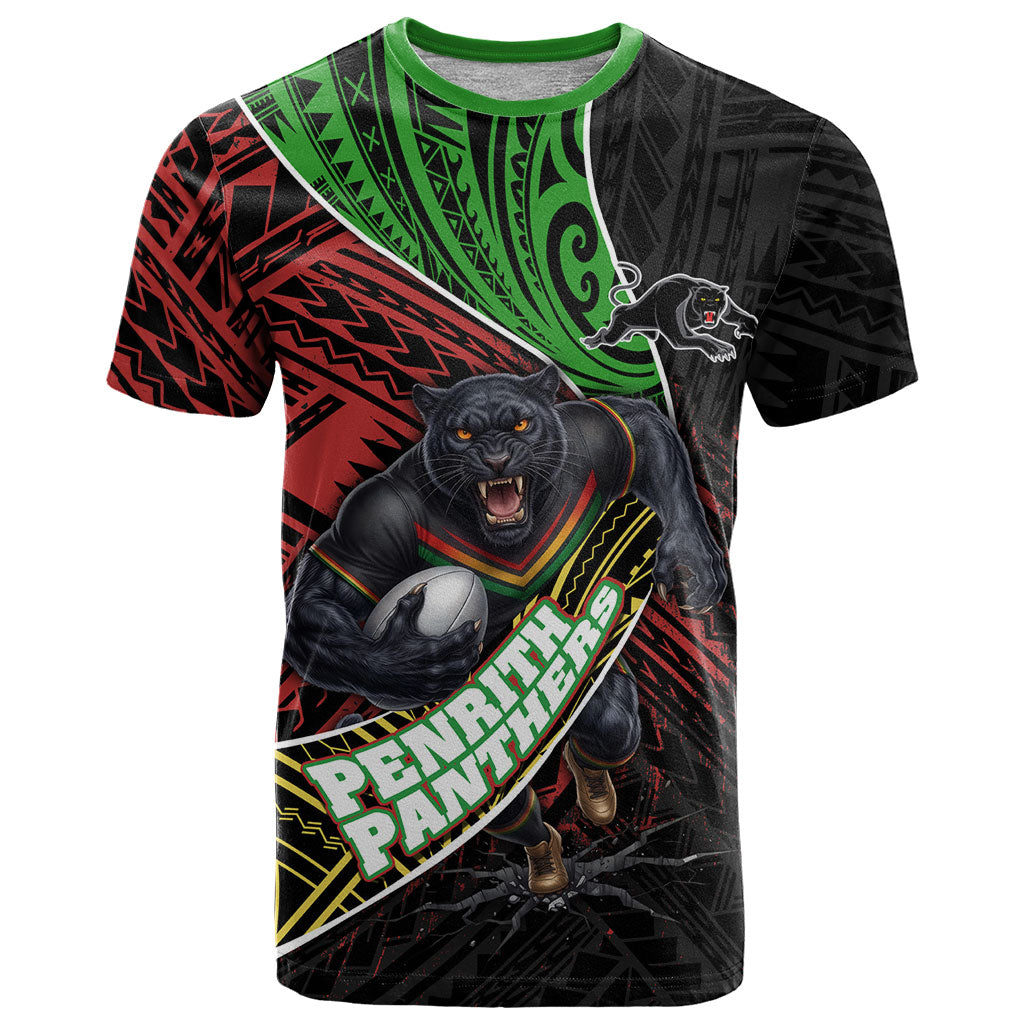 Penrith Panthers Rugby T Shirt Tribal Polynesian Power Art - Lightning Mascot