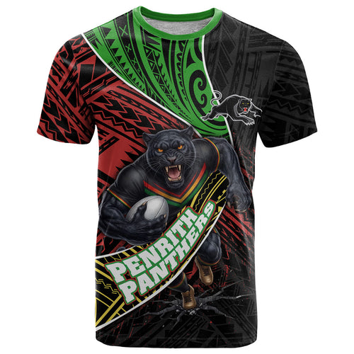 Penrith Panthers Rugby T Shirt Tribal Polynesian Power Art - Lightning Mascot