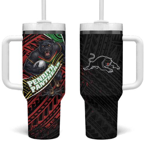 Penrith Panthers Rugby Tumbler With Handle Tribal Polynesian Power Art - Lightning Mascot