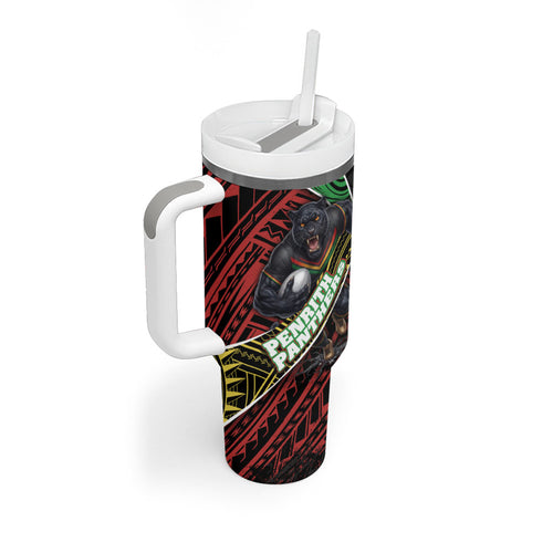 Penrith Panthers Rugby Tumbler With Handle Tribal Polynesian Power Art - Lightning Mascot