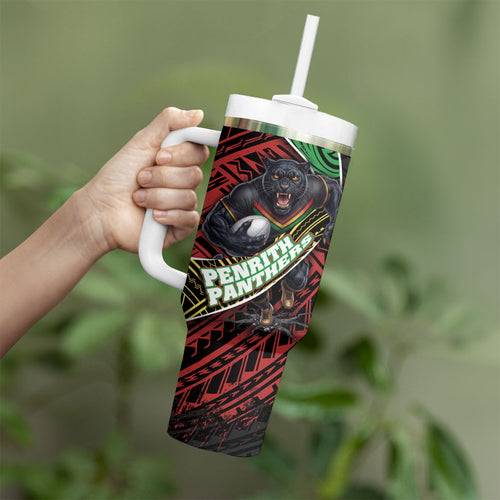 Penrith Panthers Rugby Tumbler With Handle Tribal Polynesian Power Art - Lightning Mascot