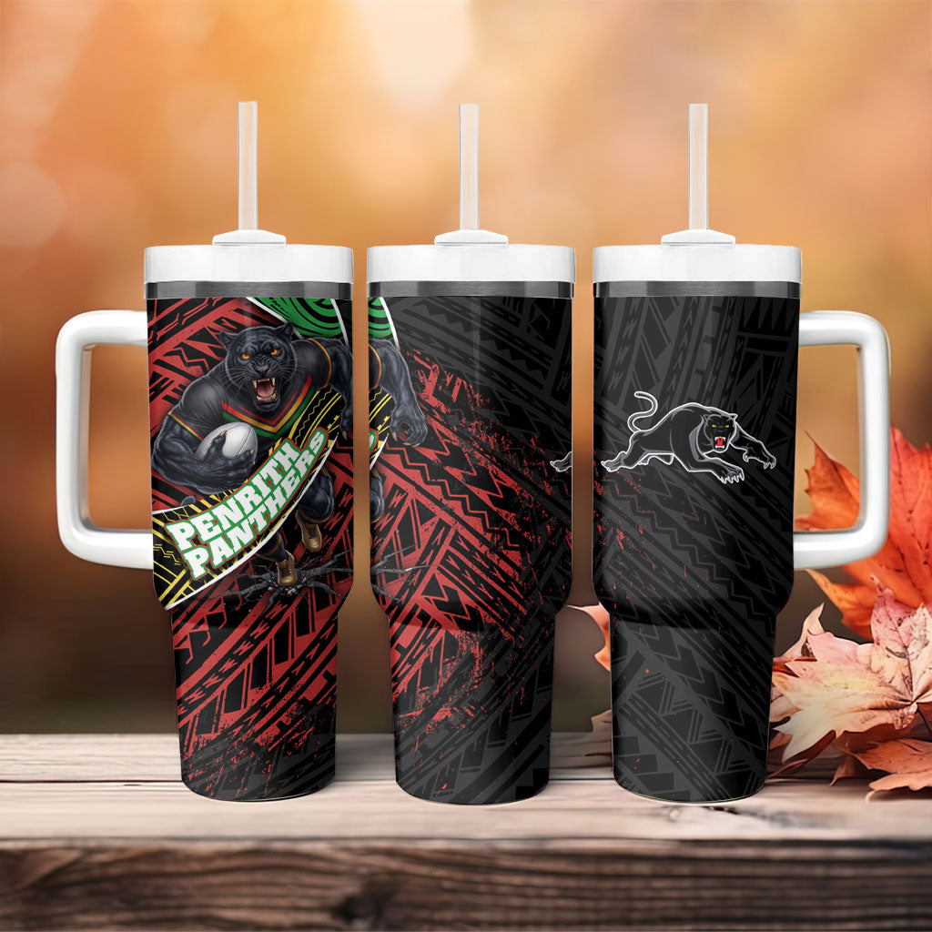 Penrith Panthers Rugby Tumbler With Handle Tribal Polynesian Power Art - Lightning Mascot