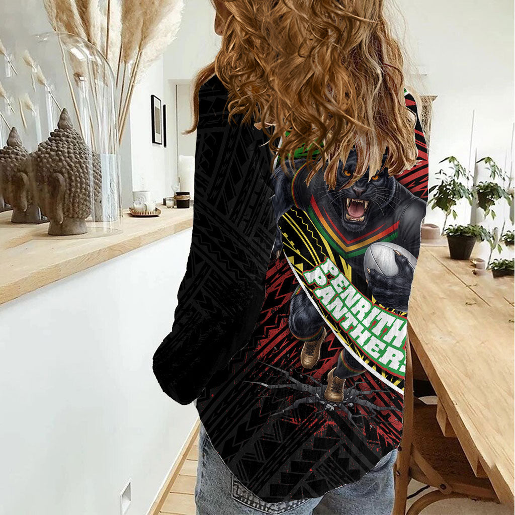 Penrith Panthers Rugby Women Casual Shirt Tribal Polynesian Power Art - Lightning Mascot