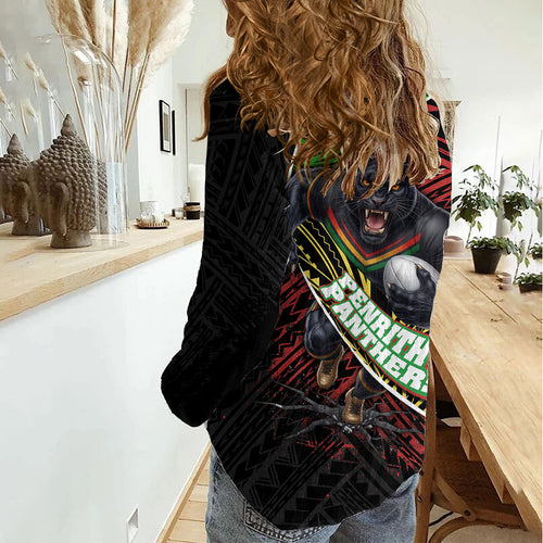 Penrith Panthers Rugby Women Casual Shirt Tribal Polynesian Power Art - Lightning Mascot