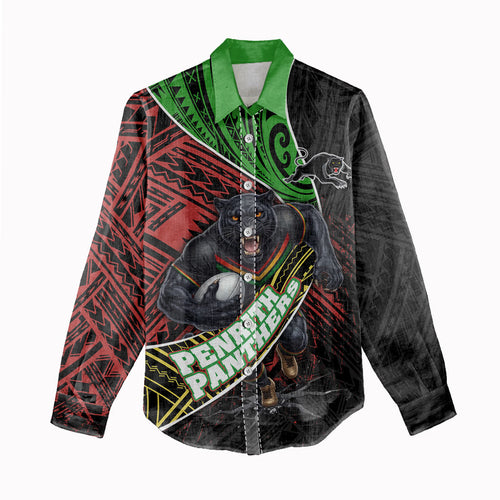 Penrith Panthers Rugby Women Casual Shirt Tribal Polynesian Power Art - Lightning Mascot