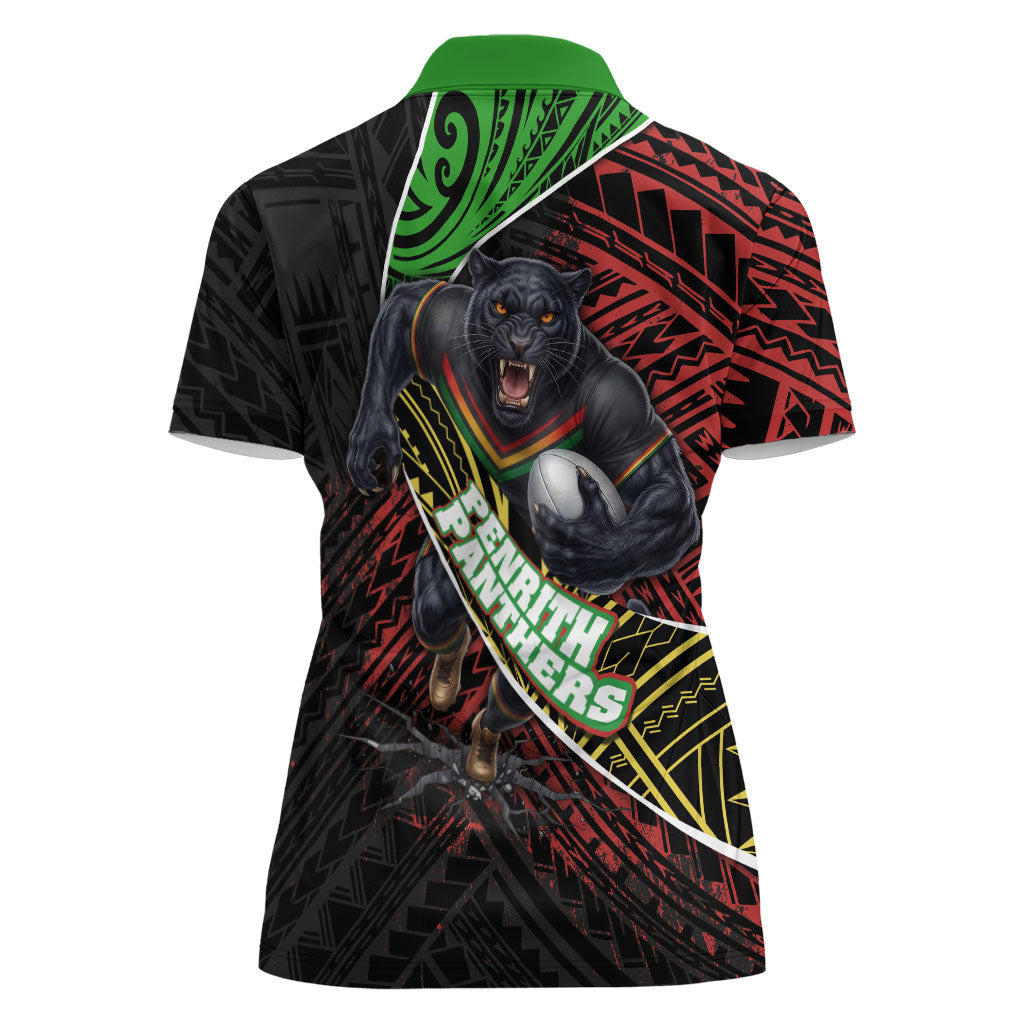 Penrith Panthers Rugby Women Polo Shirt Tribal Polynesian Power Art - Lightning Mascot