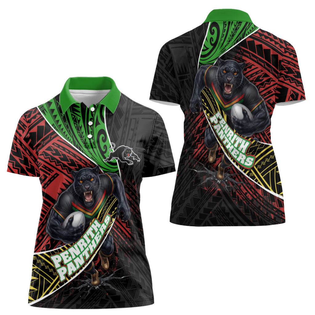 Penrith Panthers Rugby Women Polo Shirt Tribal Polynesian Power Art - Lightning Mascot