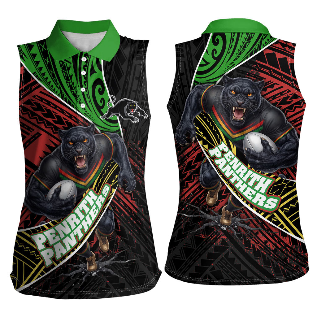 Penrith Panthers Rugby Women Sleeveless Polo Shirt Tribal Polynesian Power Art - Lightning Mascot