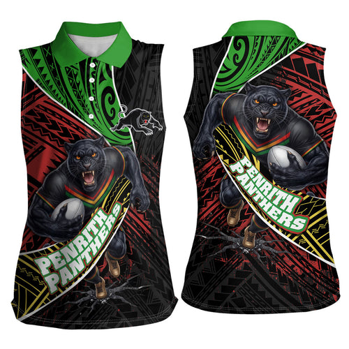 Penrith Panthers Rugby Women Sleeveless Polo Shirt Tribal Polynesian Power Art - Lightning Mascot