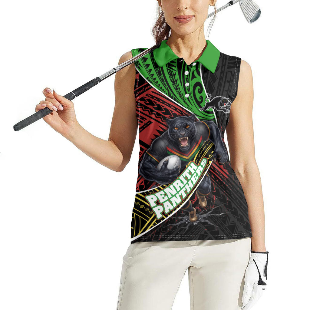 Penrith Panthers Rugby Women Sleeveless Polo Shirt Tribal Polynesian Power Art - Lightning Mascot
