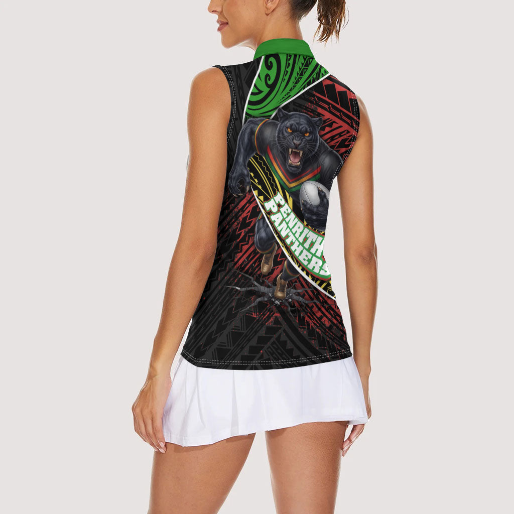 Penrith Panthers Rugby Women Sleeveless Polo Shirt Tribal Polynesian Power Art - Lightning Mascot