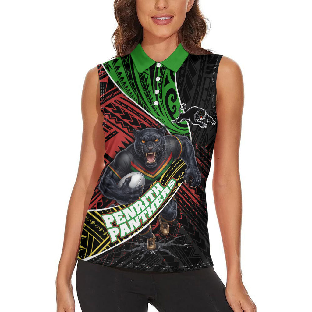 Penrith Panthers Rugby Women Sleeveless Polo Shirt Tribal Polynesian Power Art - Lightning Mascot