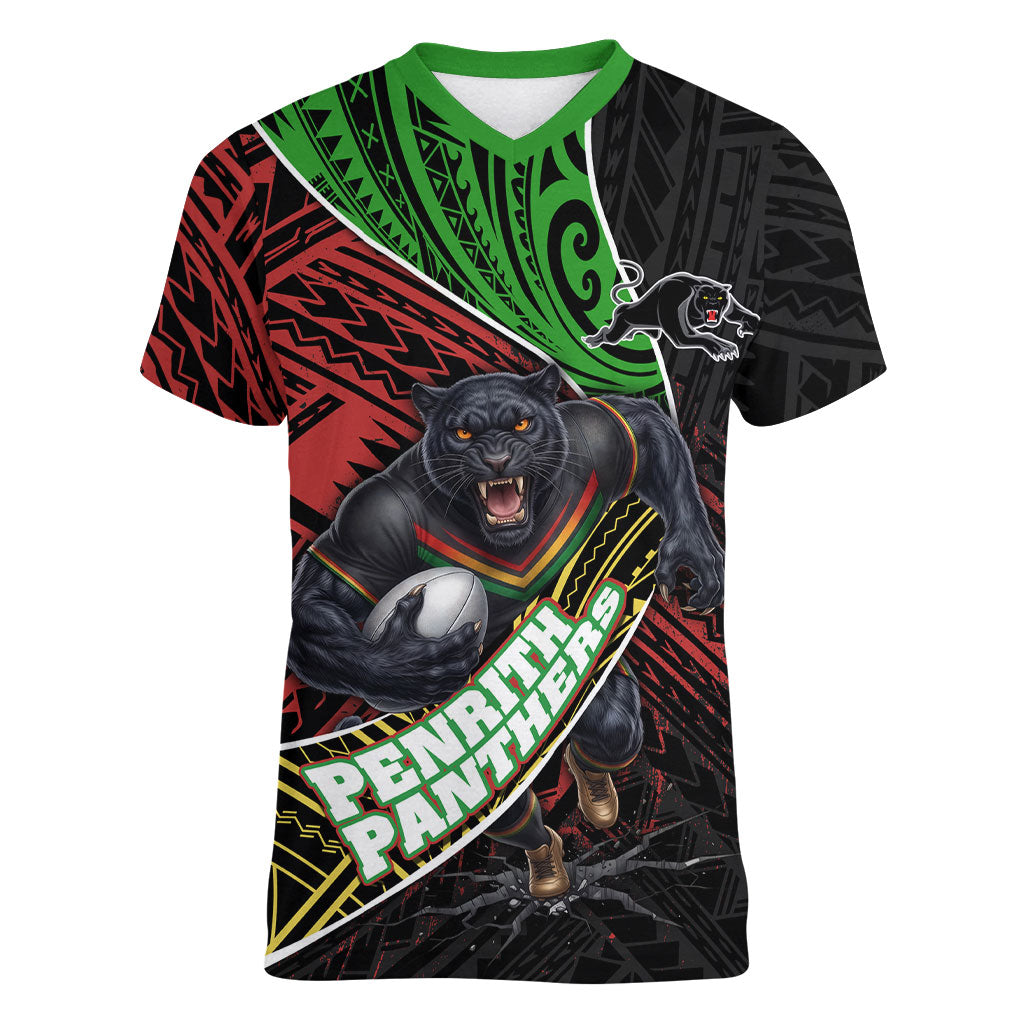 Penrith Panthers Rugby Women V-Neck T-Shirt Tribal Polynesian Power Art - Lightning Mascot