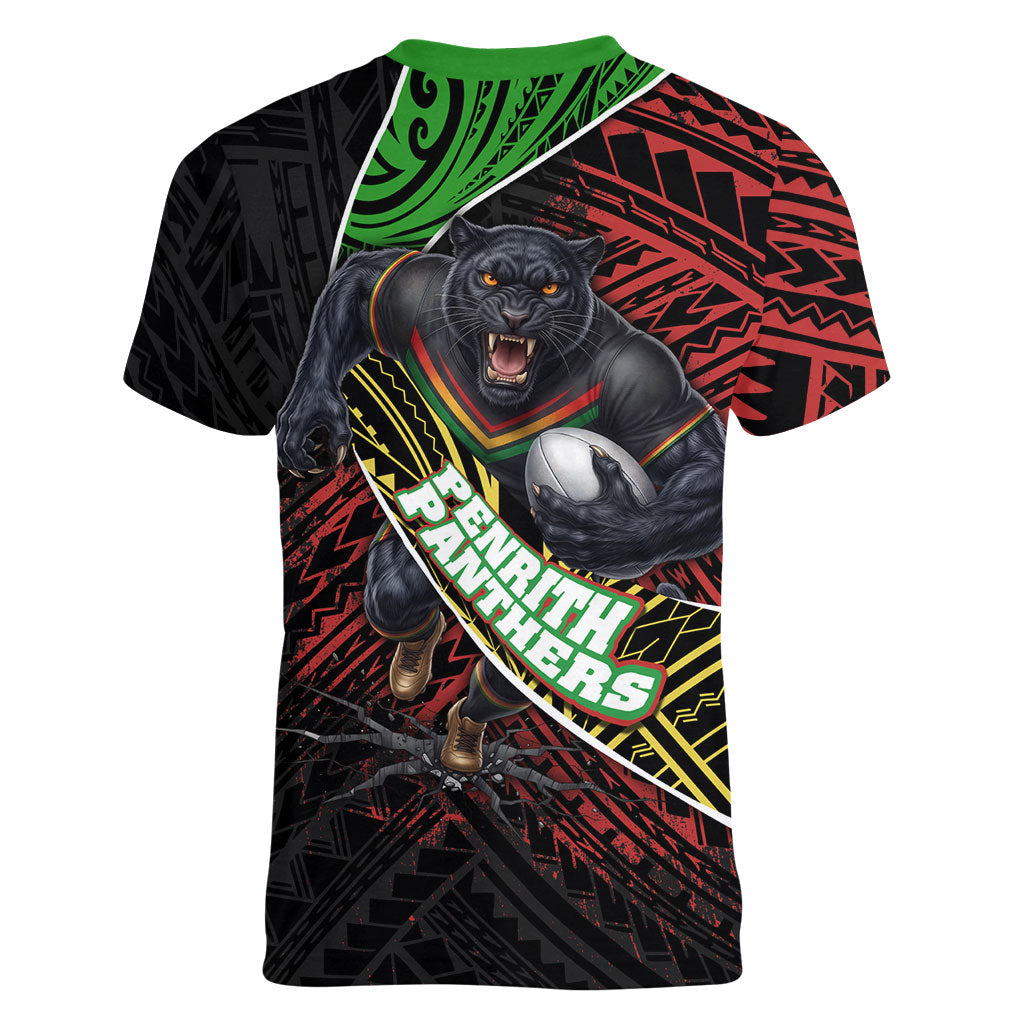 Penrith Panthers Rugby Women V-Neck T-Shirt Tribal Polynesian Power Art - Lightning Mascot