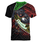 Penrith Panthers Rugby Women V-Neck T-Shirt Tribal Polynesian Power Art - Lightning Mascot