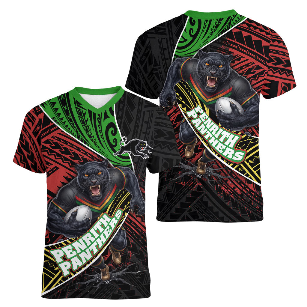 Penrith Panthers Rugby Women V-Neck T-Shirt Tribal Polynesian Power Art - Lightning Mascot