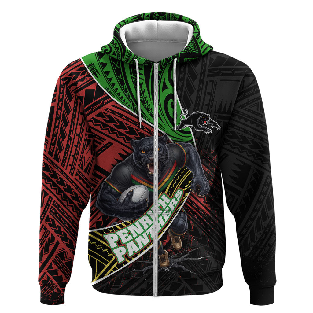 Penrith Panthers Rugby Zip Hoodie Tribal Polynesian Power Art - Lightning Mascot