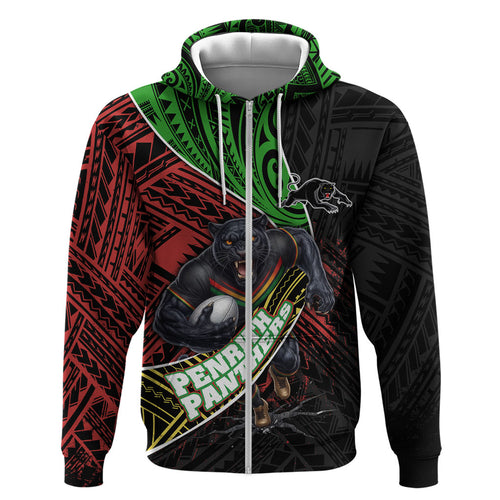 Penrith Panthers Rugby Zip Hoodie Tribal Polynesian Power Art - Lightning Mascot