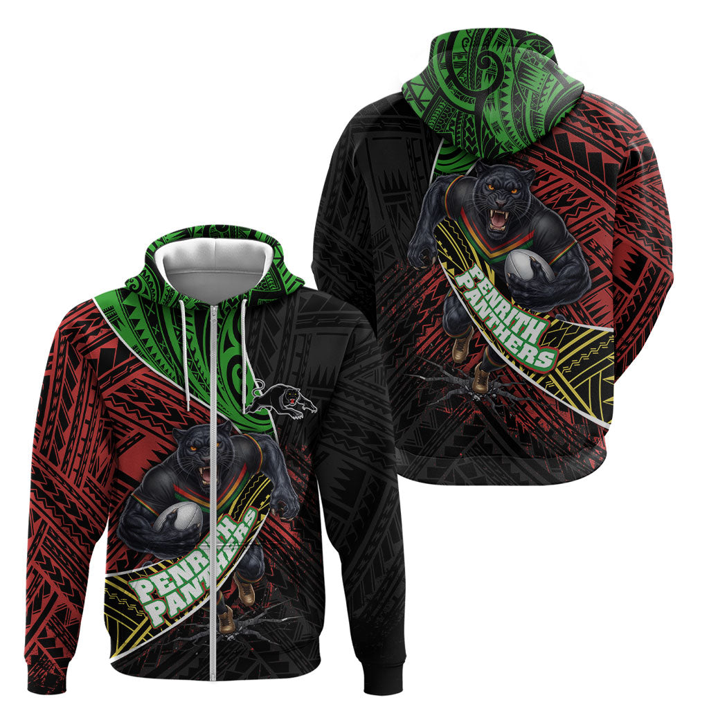 Penrith Panthers Rugby Zip Hoodie Tribal Polynesian Power Art - Lightning Mascot