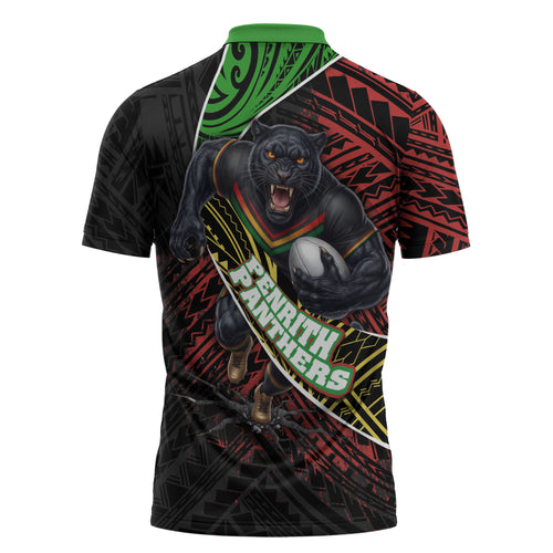 Penrith Panthers Rugby Zipper Polo Shirt Tribal Polynesian Power Art - Lightning Mascot
