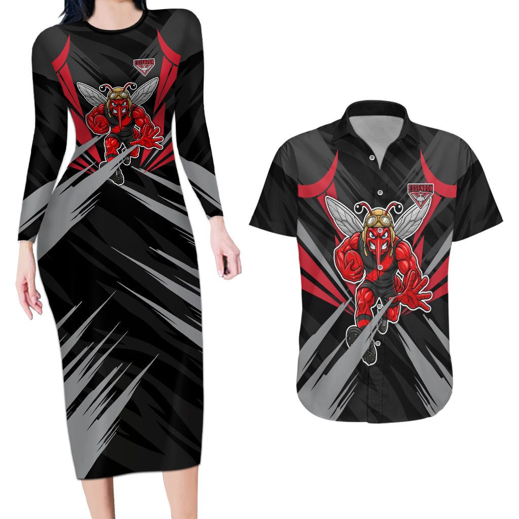 Essendon Bombers Australian Football Couples Matching Long Sleeve Bodycon Dress and Hawaiian Shirt Fierce Mosquito Pilot Mascot - Bold Team Colors