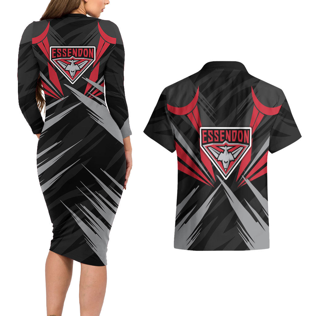 Essendon Bombers Australian Football Couples Matching Long Sleeve Bodycon Dress and Hawaiian Shirt Fierce Mosquito Pilot Mascot - Bold Team Colors