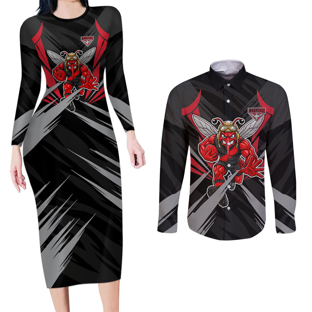 Essendon Bombers Australian Football Couples Matching Long Sleeve Bodycon Dress and Long Sleeve Button Shirt Fierce Mosquito Pilot Mascot - Bold Team Colors