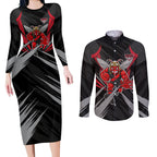 Essendon Bombers Australian Football Couples Matching Long Sleeve Bodycon Dress and Long Sleeve Button Shirt Fierce Mosquito Pilot Mascot - Bold Team Colors