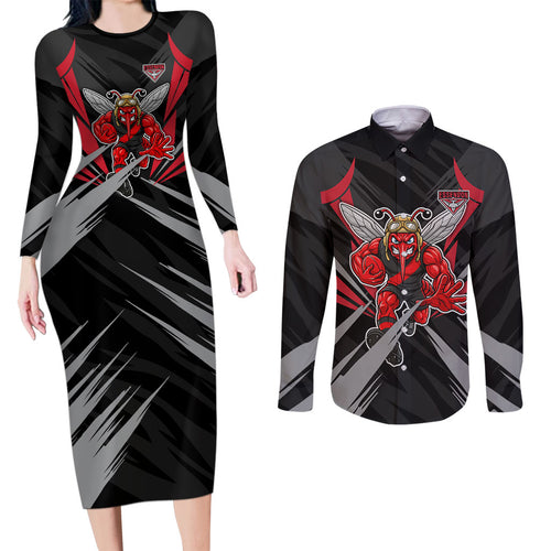 Essendon Bombers Australian Football Couples Matching Long Sleeve Bodycon Dress and Long Sleeve Button Shirt Fierce Mosquito Pilot Mascot - Bold Team Colors