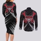Essendon Bombers Australian Football Couples Matching Long Sleeve Bodycon Dress and Long Sleeve Button Shirt Fierce Mosquito Pilot Mascot - Bold Team Colors