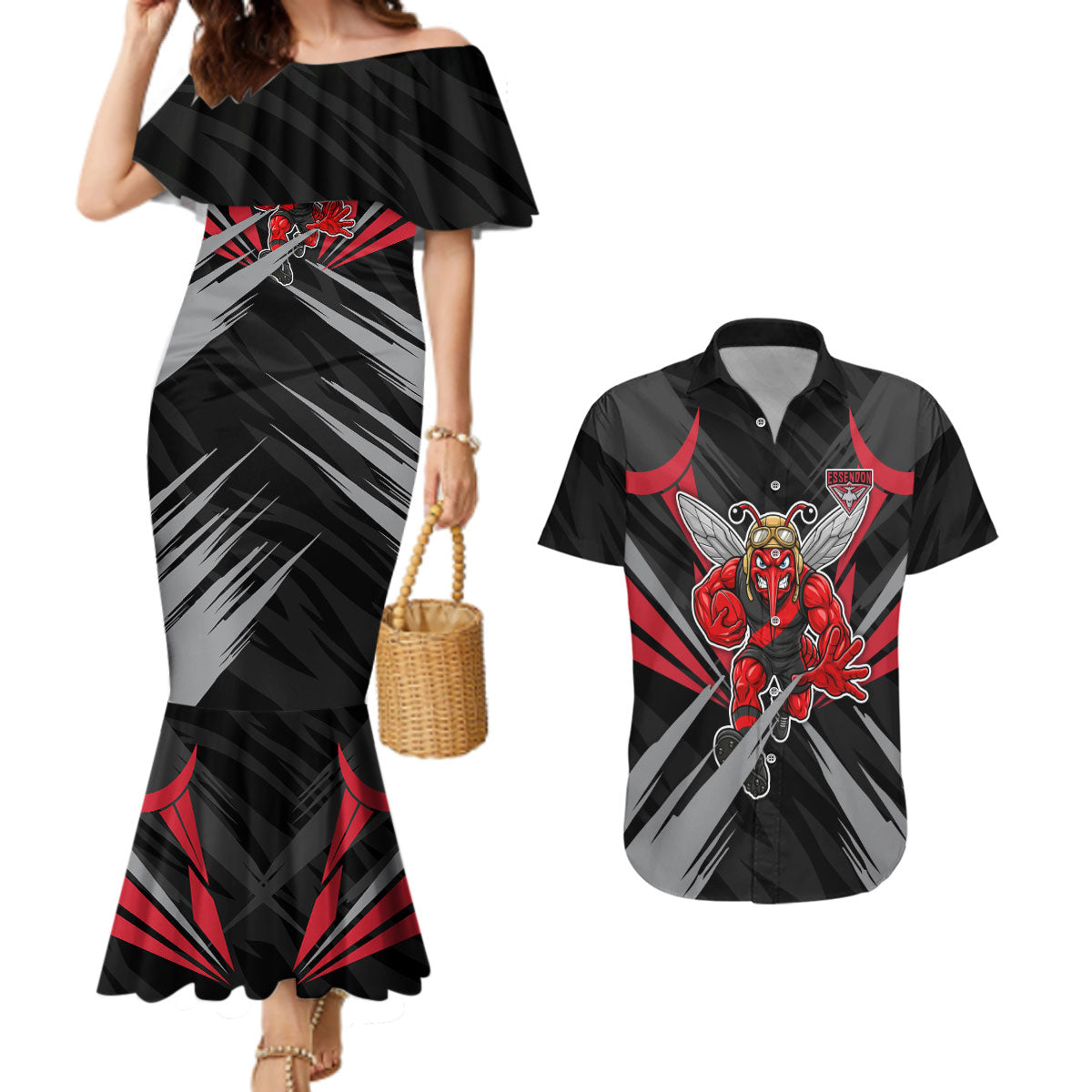 Essendon Bombers Australian Football Couples Matching Mermaid Dress and Hawaiian Shirt Fierce Mosquito Pilot Mascot - Bold Team Colors