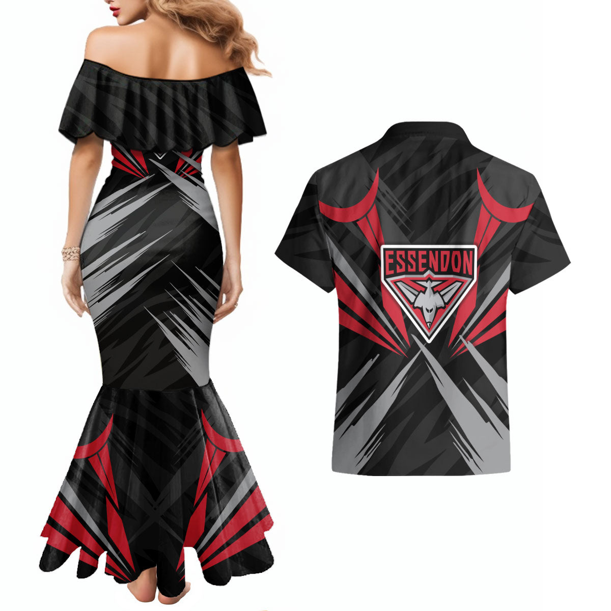 Essendon Bombers Australian Football Couples Matching Mermaid Dress and Hawaiian Shirt Fierce Mosquito Pilot Mascot - Bold Team Colors