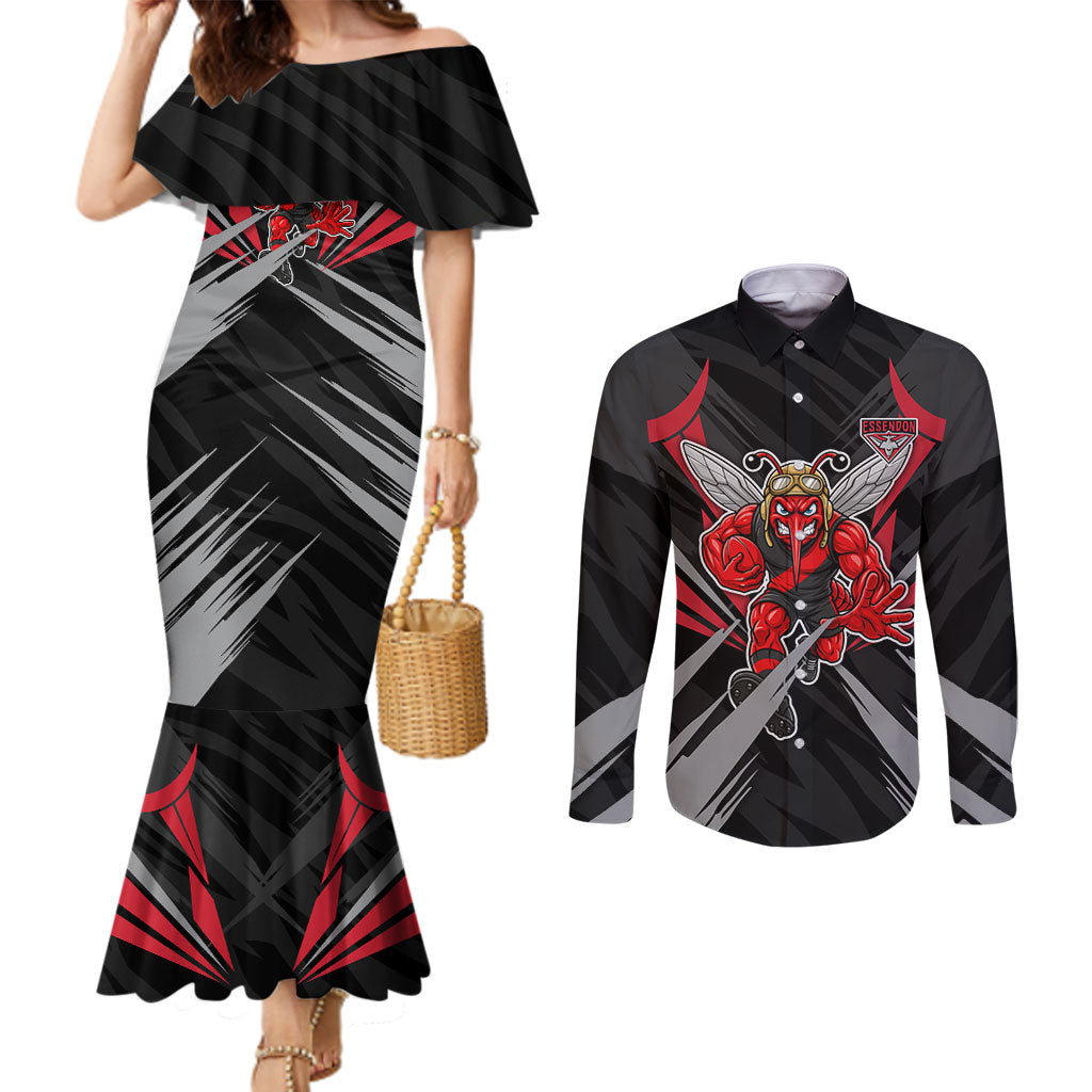 Essendon Bombers Australian Football Couples Matching Mermaid Dress and Long Sleeve Button Shirt Fierce Mosquito Pilot Mascot - Bold Team Colors