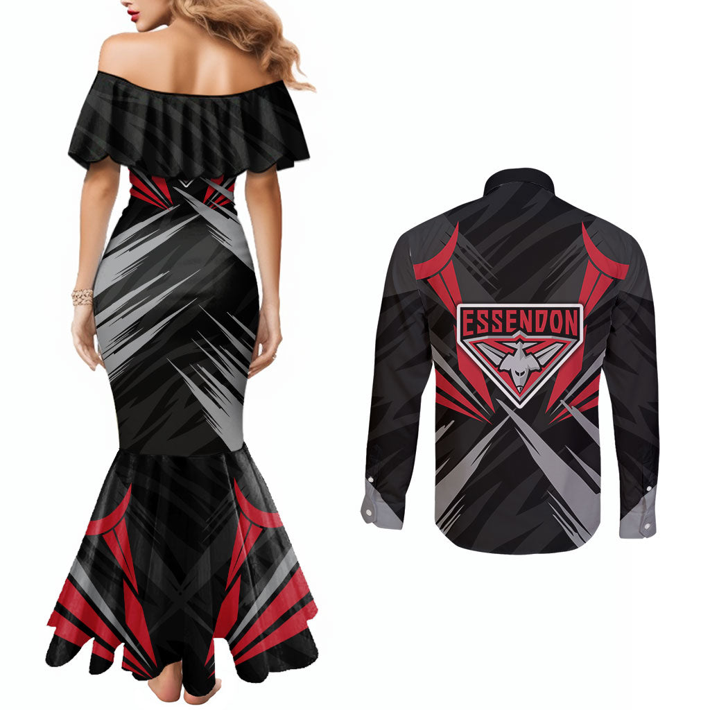 Essendon Bombers Australian Football Couples Matching Mermaid Dress and Long Sleeve Button Shirt Fierce Mosquito Pilot Mascot - Bold Team Colors
