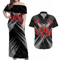 Essendon Bombers Australian Football Couples Matching Off Shoulder Maxi Dress and Hawaiian Shirt Fierce Mosquito Pilot Mascot - Bold Team Colors