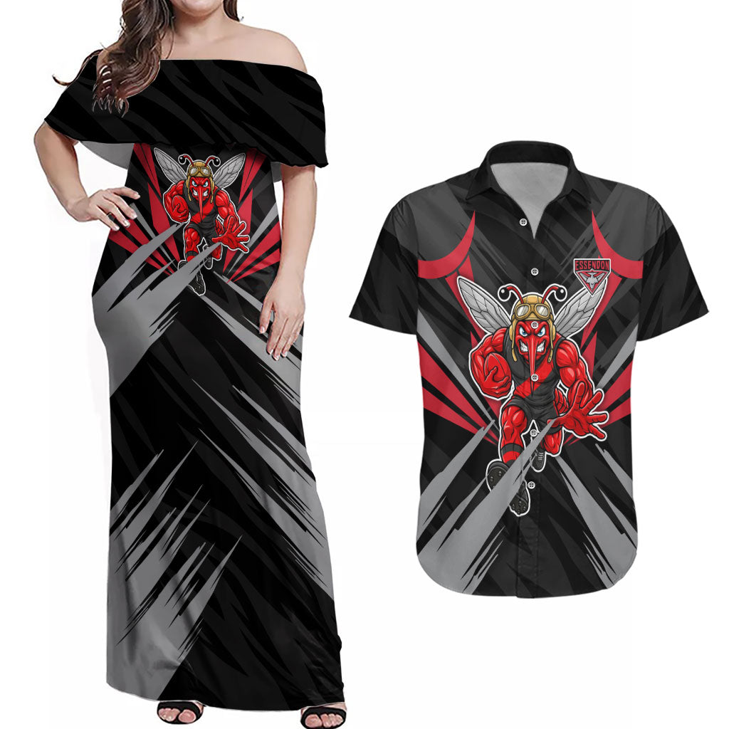 Essendon Bombers Australian Football Couples Matching Off Shoulder Maxi Dress and Hawaiian Shirt Fierce Mosquito Pilot Mascot - Bold Team Colors
