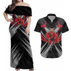 Essendon Bombers Australian Football Couples Matching Off Shoulder Maxi Dress and Hawaiian Shirt Fierce Mosquito Pilot Mascot - Bold Team Colors